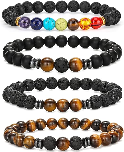 4 Pcs Tigers Eye Crystal Bracelet Chakra Bracelet Beads Bracelet Agate Obsidian Bracelet Gemstones Bracelet Natural Stone Bracelet for Women Men Healing Positivity Anxiety Relief