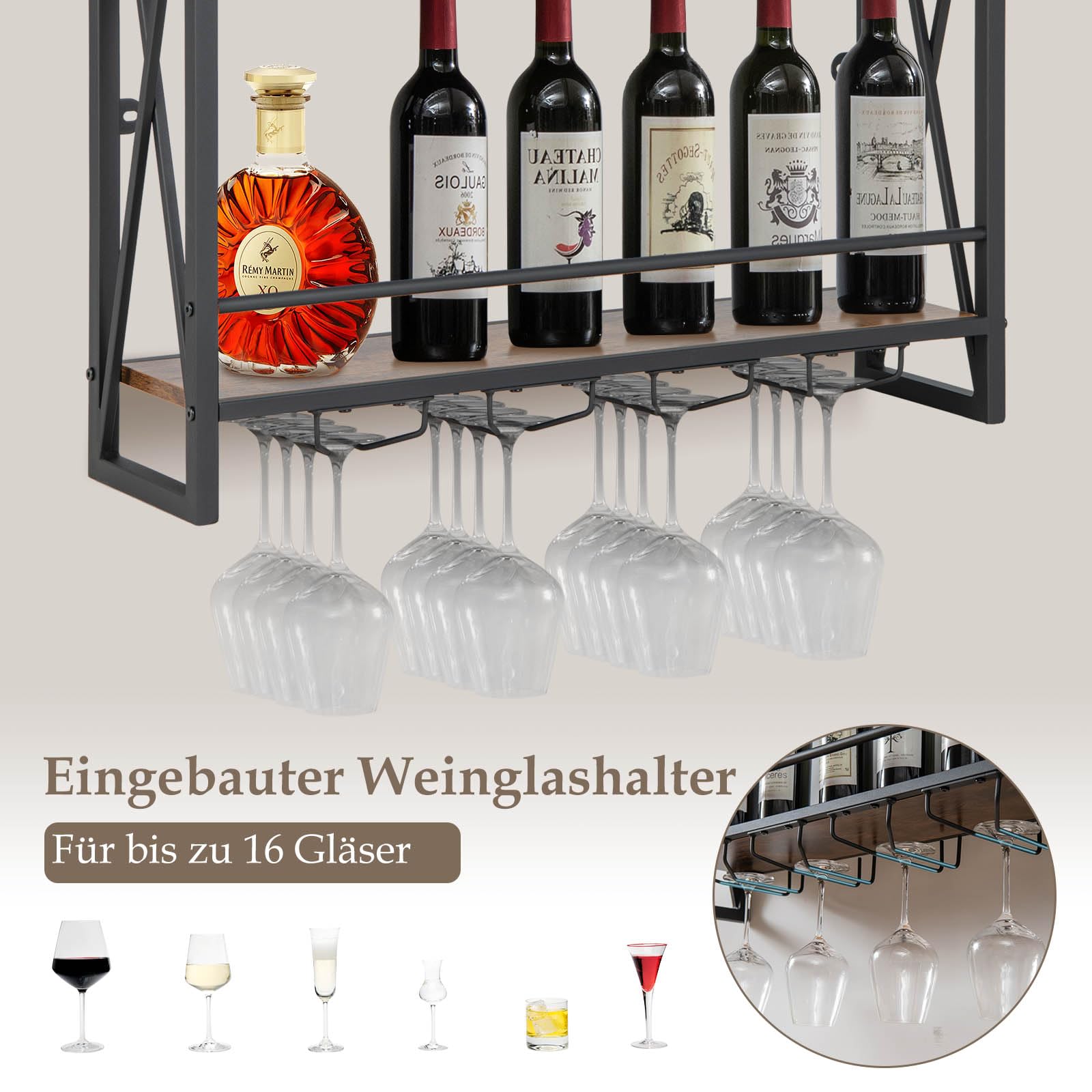 COSTWAY 3 Ebenen Weinregal Wand, Flaschenregal Holz mit Metallrahmen, mit 4 Reihen Weingläserhalter, Industrial Design, ideal für Zuhause, Bar, Küche, Restaurant