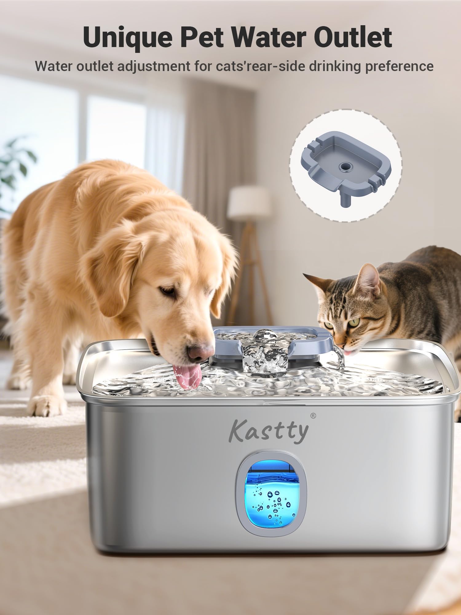 Kastty 4 Gal Dog Water Fountain for Large Dogs,15L Stainless Steel Dog Water Bowl Dispenser Triple Filtration,Ultra Quiet Automatic Pet Water Fountain with Water Level Window and LED Light(FS76) - image 7