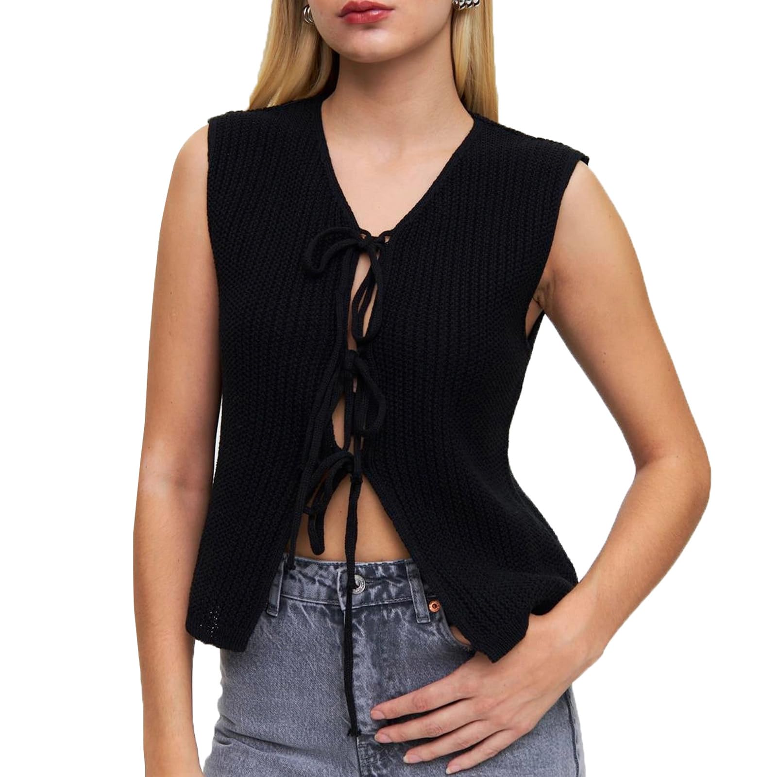 Women's Knit Tank Top Sexy Sleeveless V-Neck Tie-up Vest Cardigan Summer Going Out Waistcoats Streetwear (A-Black, l)