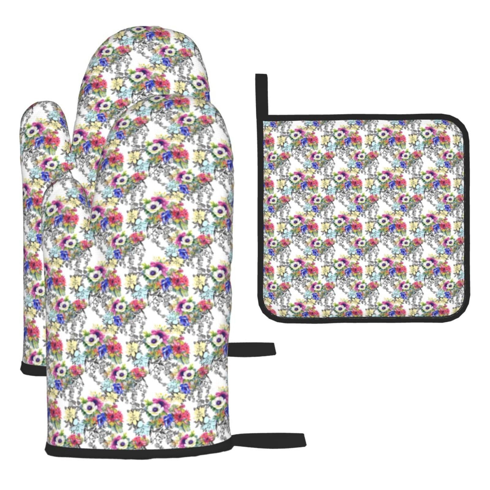 Garden Blossoming Wildflowers Birds Leaves Branches Print Oven Mitts Kitchen Gloves Set Everyday Baking Grilling Microwaving Cooking Gift