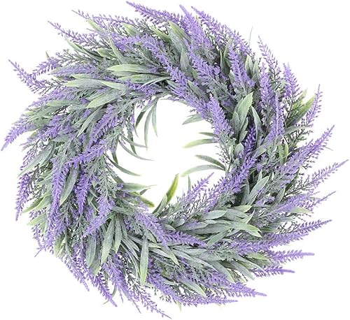 Corona de lavanda artificial de 11 pulgadas para puerta delantera, corona de flores moradas con hojas verdes, corona de granja, para el hogar,