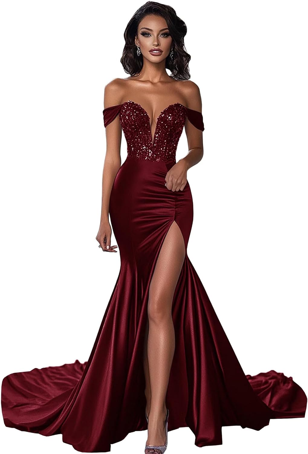 Off Shoulder Satin Prom Dresses for Women Sequins Mermaid V-Neck Formal Evening Ball Gowns with Slit - Image 6