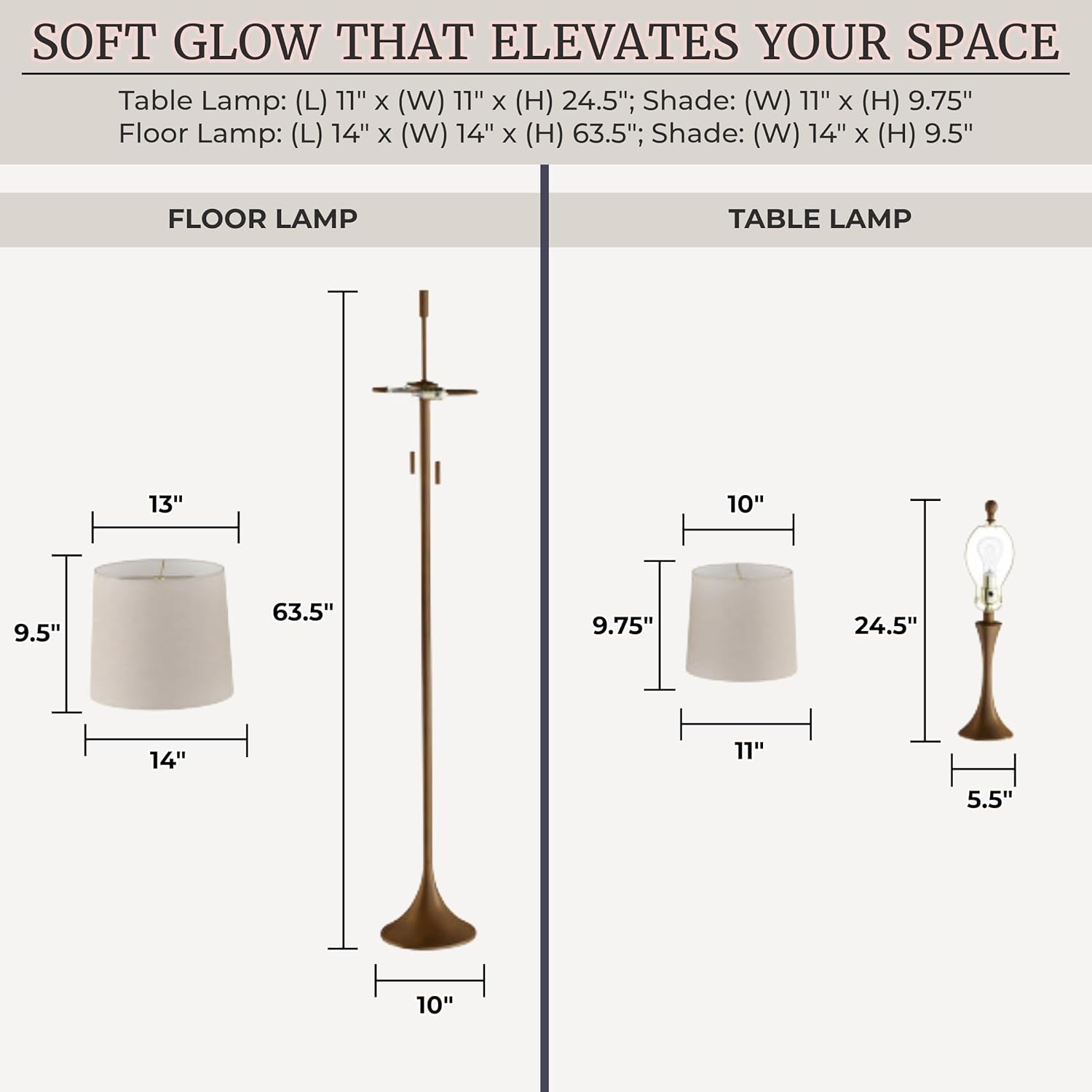 Lavish Home Table and Floor Lamps – Set of 3 Modern Metal Lights for Living Room, Bedroom, or Entry with Flared Base and LED Bulbs (Bronze)