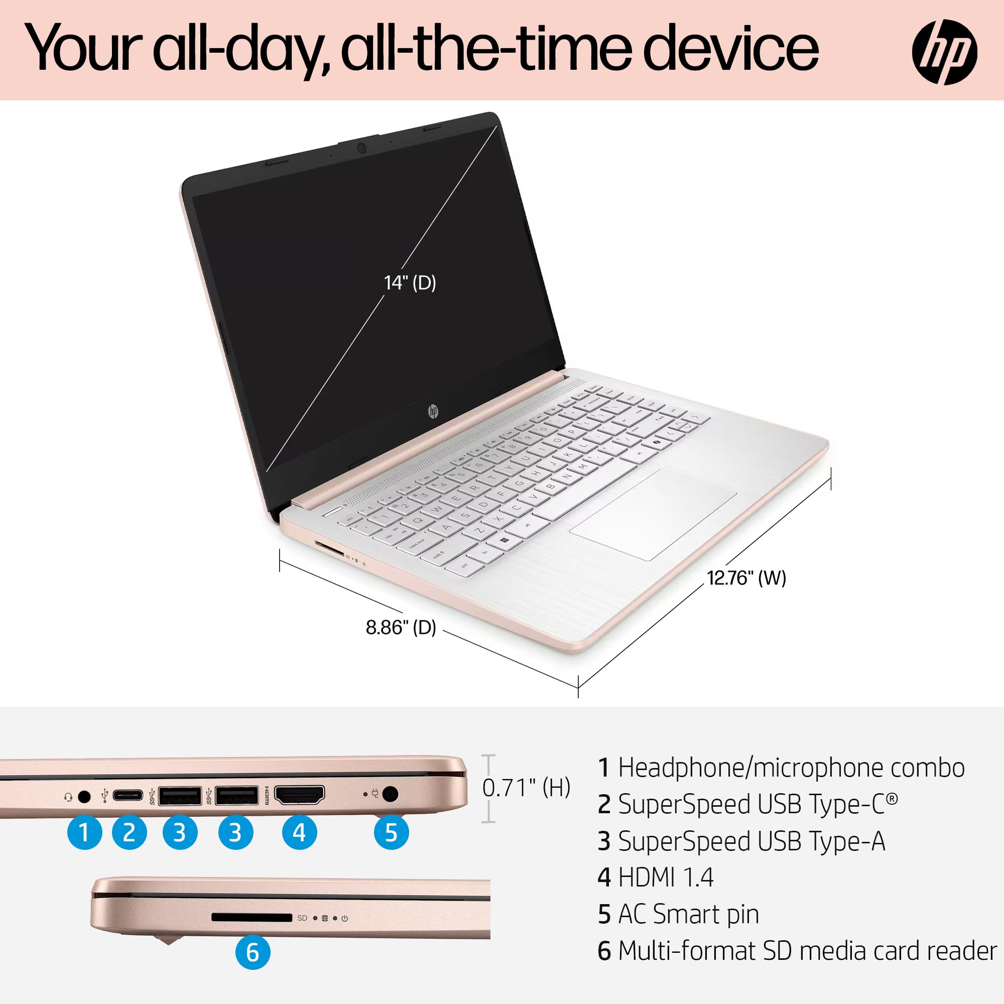 HP Flagship 14" Laptop Computer for 2026 Student Business, Win 11 Pro, Copilot AI, Intel CPU Up to 2.8GHz, 8GB RAM, 628GB Storage (128GB SSD+500GB Ext), Wi-Fi 6, HubxcelAccessory, MS Office, Rose Gold — view 7