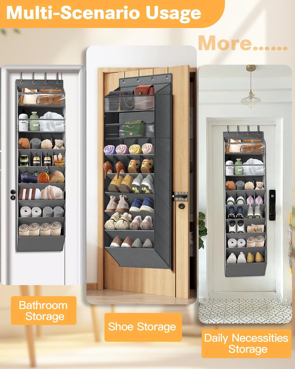 Over The Door Shoe Storage Organizer, 8 Tiers Hanging Shoe Rack Behind Door Shoe Holder with 6 Large Deep Pockets 8 Small Pockets, Narrow Shoe Rack for Closet Bedroom Bathroom Nursery RV Dorm, Grey