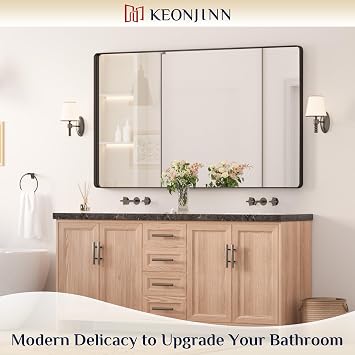 Keonjinn Black Bathroom Mirrors for Over Sink, 60 x 36 Inch Large Matte Black Mirror for Vanity, Rounded Rectangle Sandblasted Finish Farmhouse Mirror, HD Tempered Glass Modern Decorative Mirror