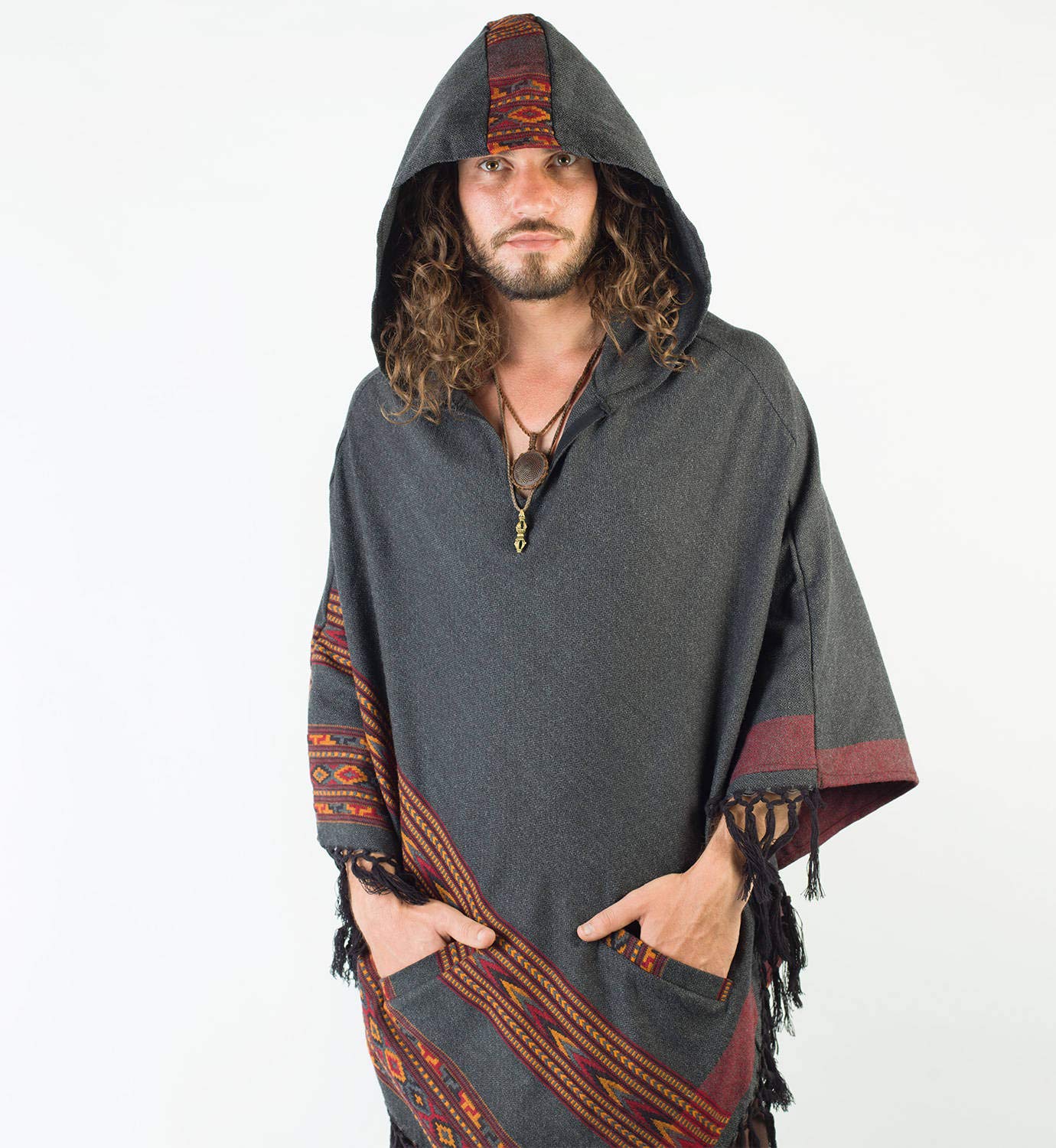 Poncho de lana de yak para hombre, color gris oscuro, capucha grande y bolsillos, patrón tribal terroso Festival Gypsy AJJAYA alternativa primitiva mexicana, gris, Taille unique