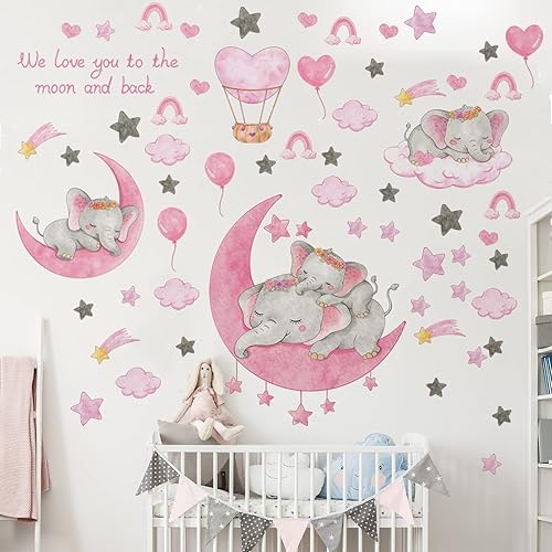 Suplante Dream Big Little One Elefante - Decoración de pared de elefante, estrellas de luna rosa, estrellas y globo aerostático para guardería,
