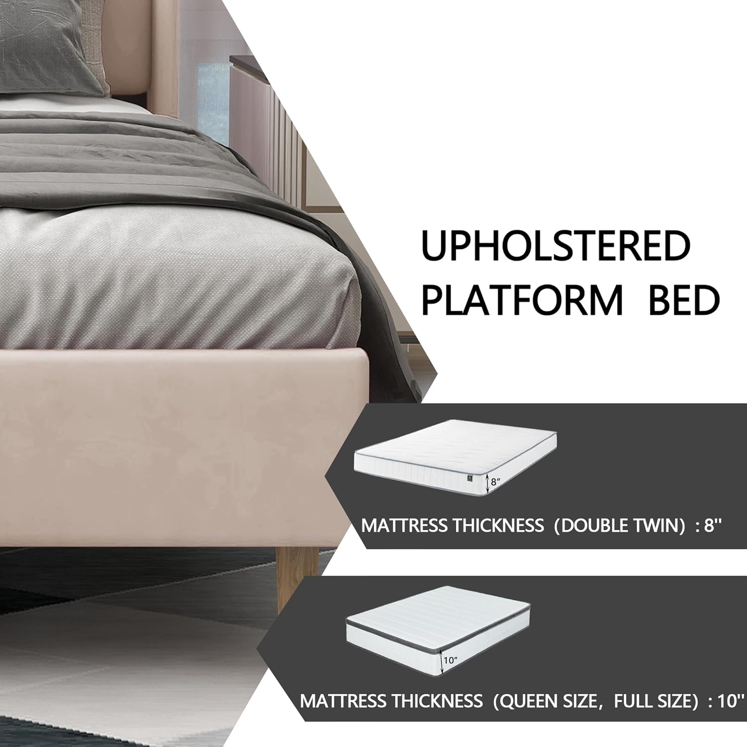 alazyhome Upholstered Platform Full Size Bed Frame with Headboard Wooden Slats Support No Noise Easy Assembly Beige Velvet - Image 5