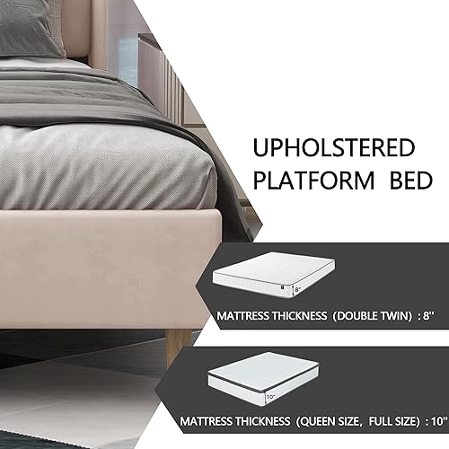 Miniatura 5 de alazyhome - Marco de cama tapizado de plataforma tamaño Queen con cabecera, soporte de listones de madera, sin ruido, fácil montaje, terciopelo