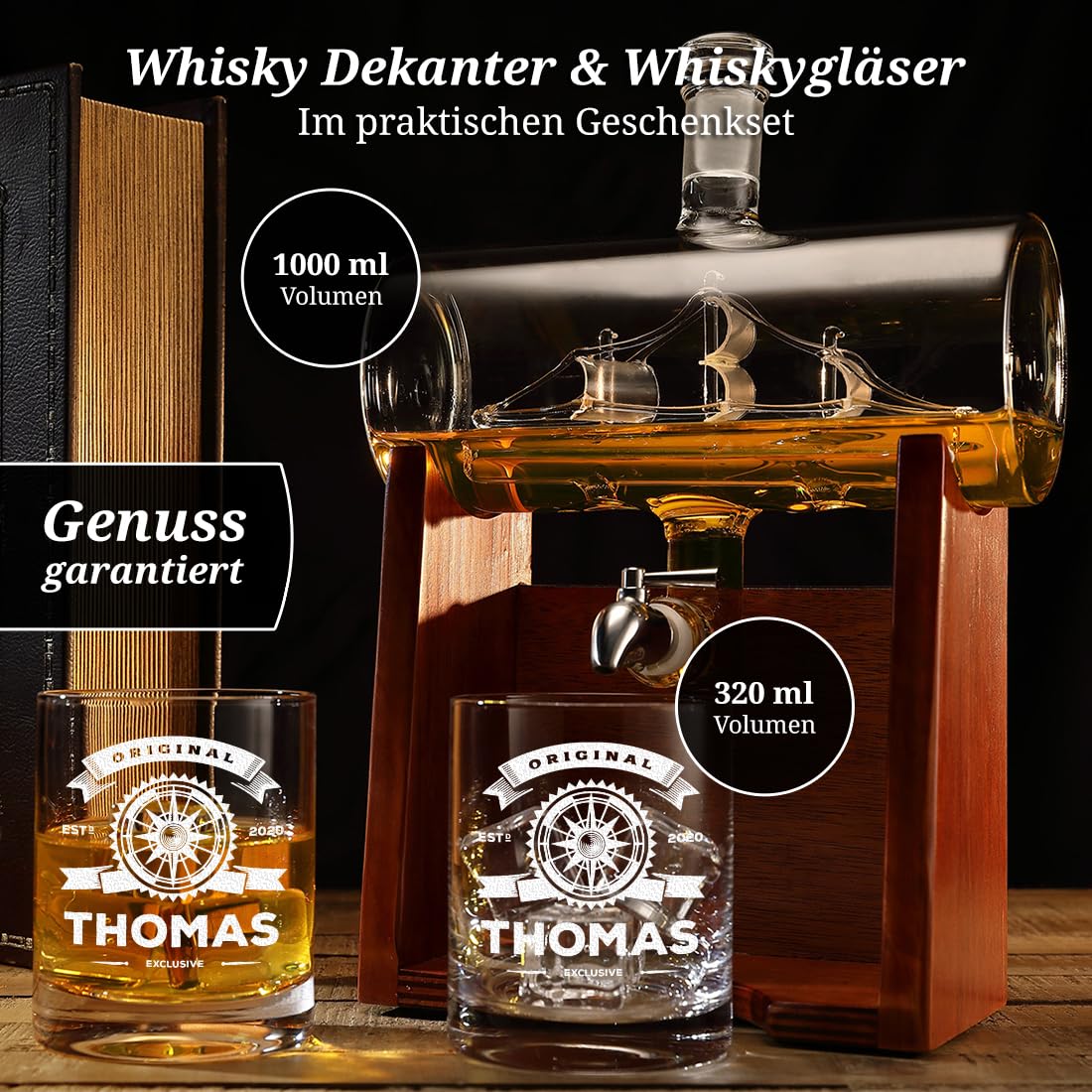 polar-effekt Whisky Barrel Dekanter 1 Liter & Gläser 320 ml mit Gravur - Personalisiertes Männergeschenk - Mit Karaffe, 2 Whiskygläser, Holzständer & Zapfhahn