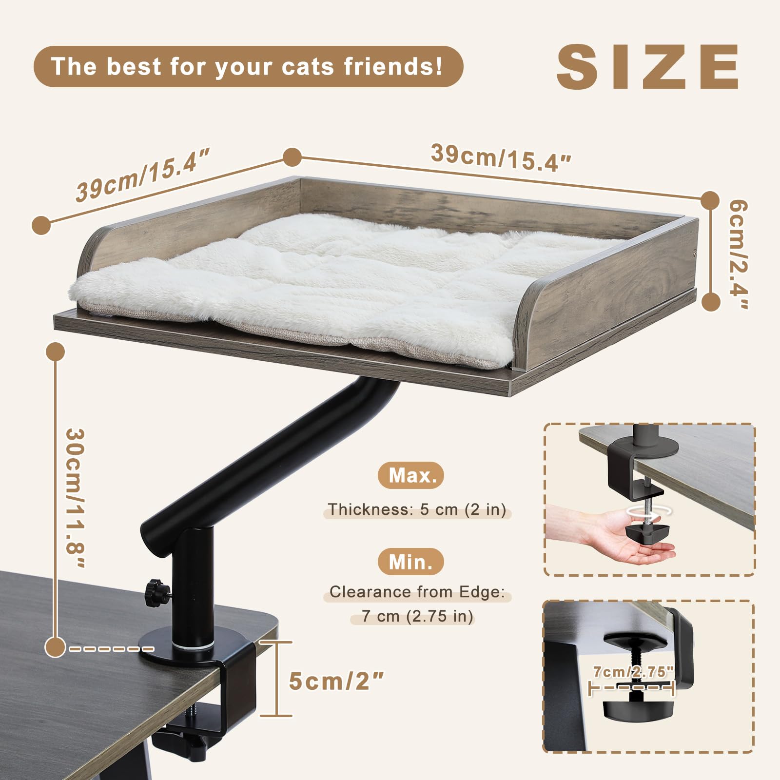 PAWZ Road Cama para Gatos de Escritorio, Cama de Madera para Interiores, Cesta para Gatos, giratoria 360° y Regulable en Altura, Hamaca para con rascador, soporta hasta 23 kg, Gris