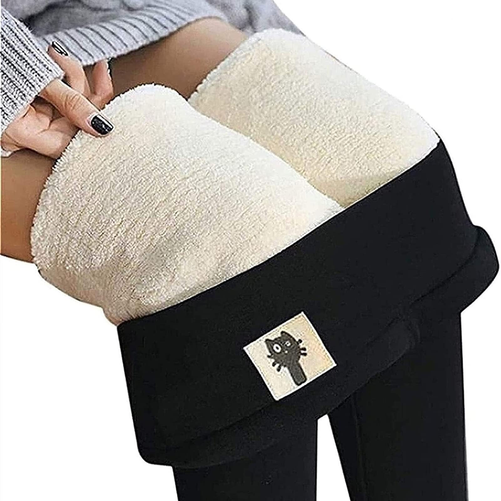 Super Thick Cashmere Leggings for Women, Winter Sherpa Fleece Lined High Waist Stretchy Leggings Plush Warm Thermal Pants (Color : Black, Size : Small)