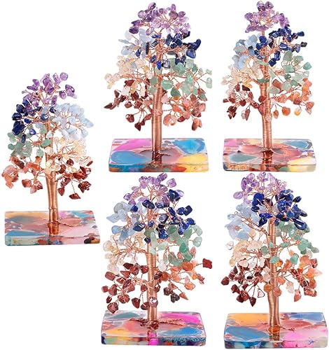 Miniatura 3 de TUMBEELLUWA Árbol de dinero de cristal de 7 chakras con base de piedras coloridas, base de resina, decoración de bonsái para la oficina en casa,