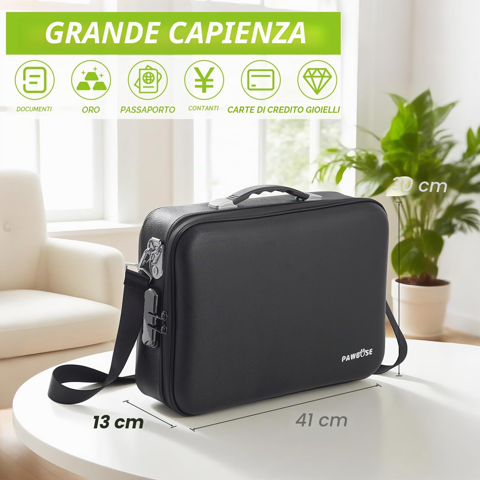 PAWBOSE Scatola per documenti ignifuga, con serratura a combinazione, custodia rigida impermeabile ignifuga, sicura per documenti importanti, certificati, laptop, passaporti (nero, 41 x 30 x 13 cm)