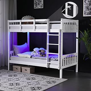 VINGLI Solid Wood Bunk Bed Twin Over Twin with LED Lights/USB Port Charge Station/Extra 15 inches Tall Guardrail/Scoring Rungs, White