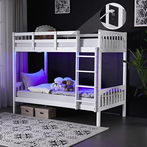 VINGLI Solid Wood Bunk Bed Twin Over Twin with LED Lights/USB Port Charge Station/Extra 15 inches Tall Guardrail/Scoring Rungs, White