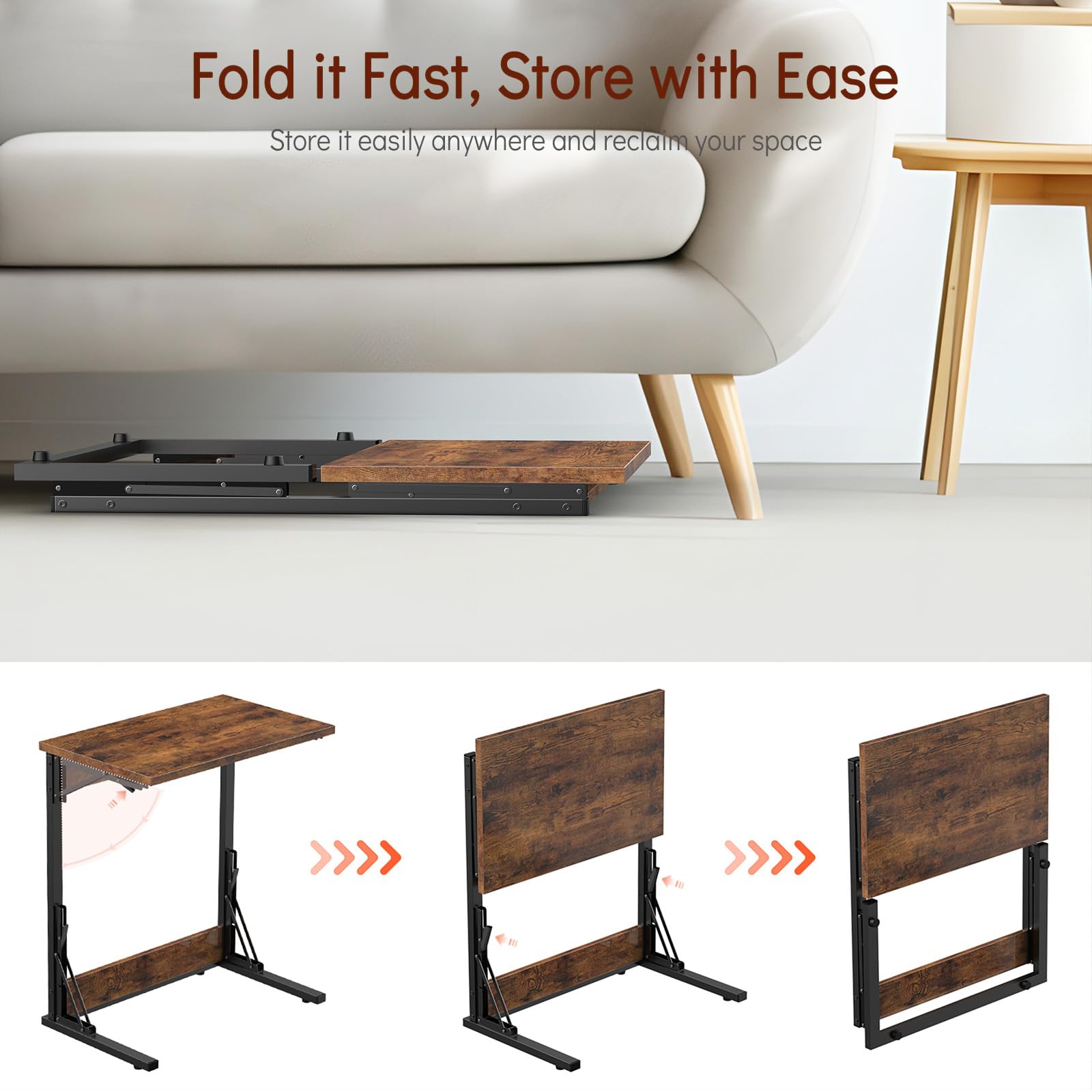 Tatub 24" Folding C Shaped End Table Set of 2, Small Sofa Side Laptop Desk, Couch TV Tray Table for Living Room, Bedroom, Rustic Brown