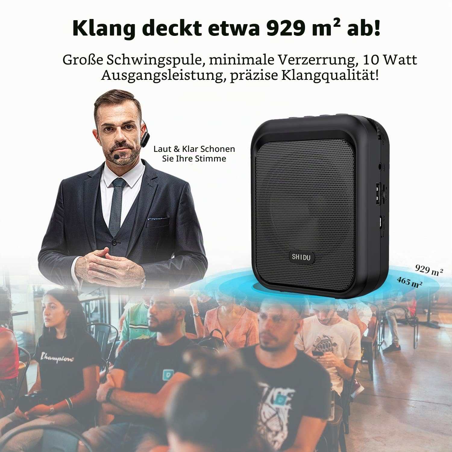 SHIDU Sprachverstärker Tragbarer Bluetooth Lautsprecher mit drahtlosem UHF Mikrofon Headset 10W 1800mAh PA-System Unterstützt Audio im MP3-Format für Lehrer, Taxifahrer, Trainer, Training, Reiseleiter