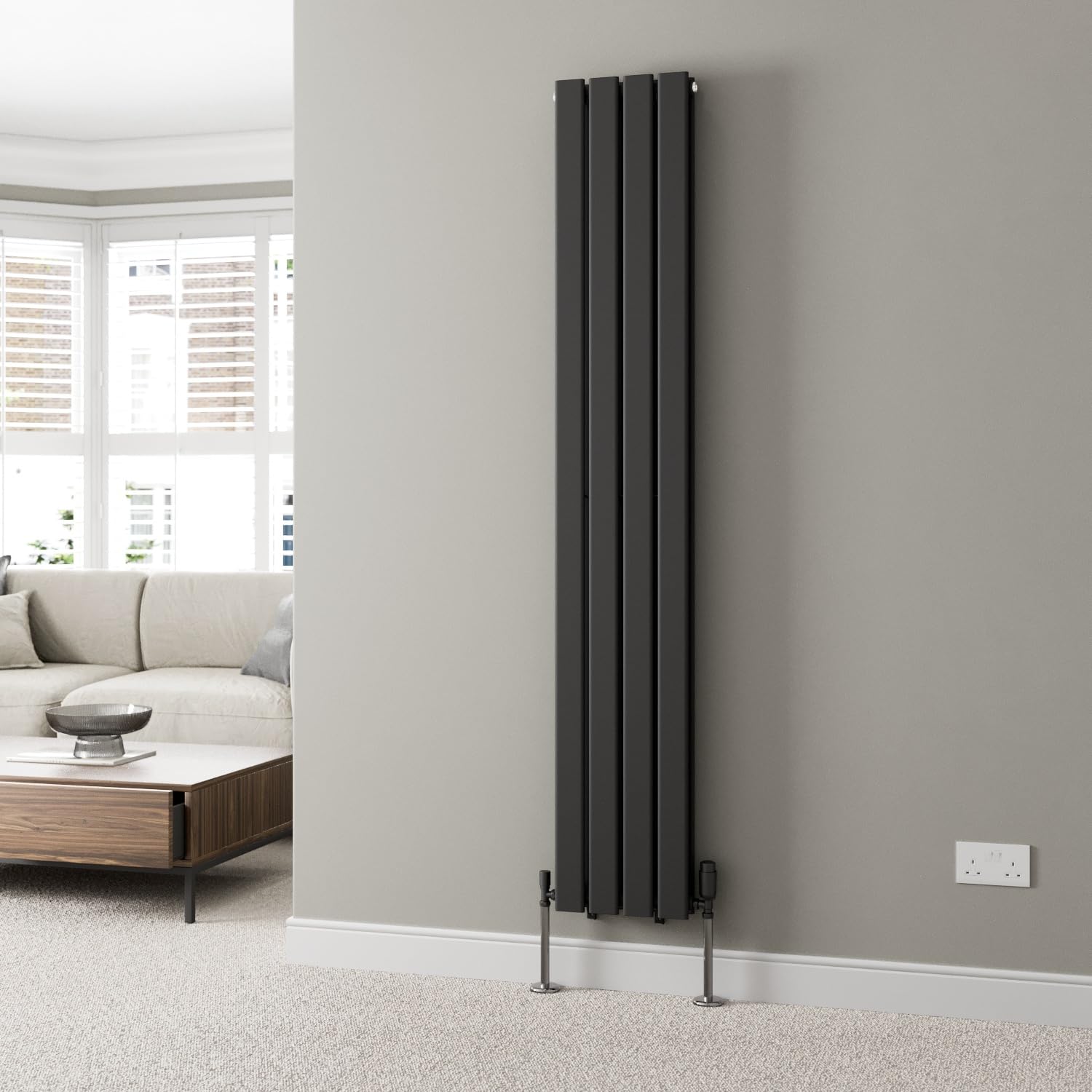 DuraTherm® 1800 x 304mm Black Vertical Designer Radiator Double Column Flat Panel Modern Central Heating Panels Bathroom Radiators