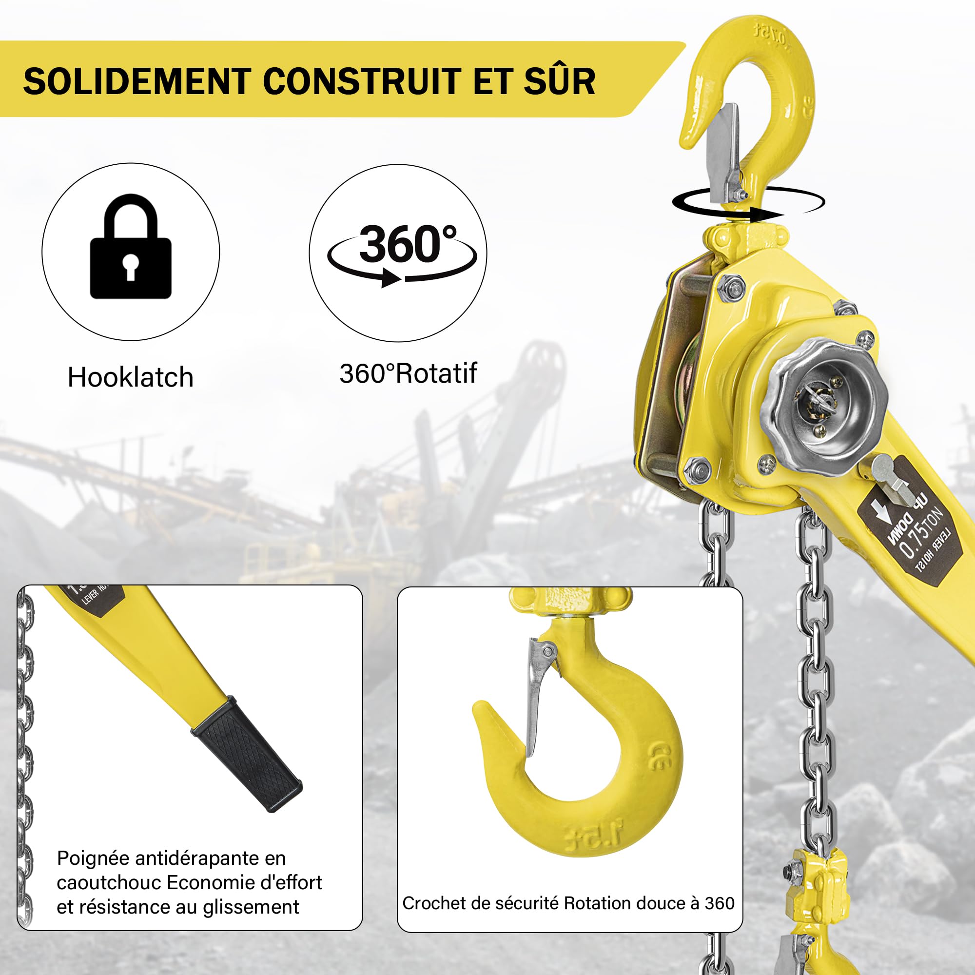 OUUTMEE Palan Manuel à Chaîne 0,75 T, Hauteur de Levage 3 M | Palan à Levier Manuel, Chaîne en Acier au Carbone G80, Avec Crochet, Pour Entrepôt, Garage et Quai d'Usine, Jaune