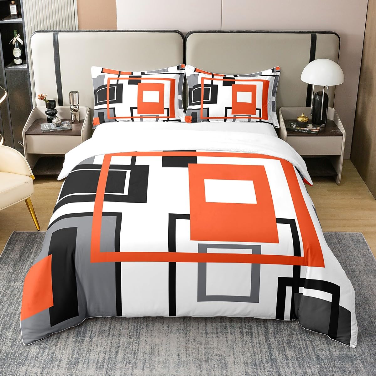 Homewish 100% Cotton Black White Grey Orange Comforter Cover Single Geometric Square Duvet Cover for Kids Adults Striped Bedding Set Modern Abstract Lines Grids Quilt Cover 1 Pillow Case Room Decor