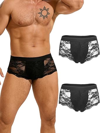 ohyeah Mens Sexy Lace Underwear Low Waist Boxer Briefs with Pouch Breathable Briefs Mesh Trunks Lingerie Underpants Fit S-XXL