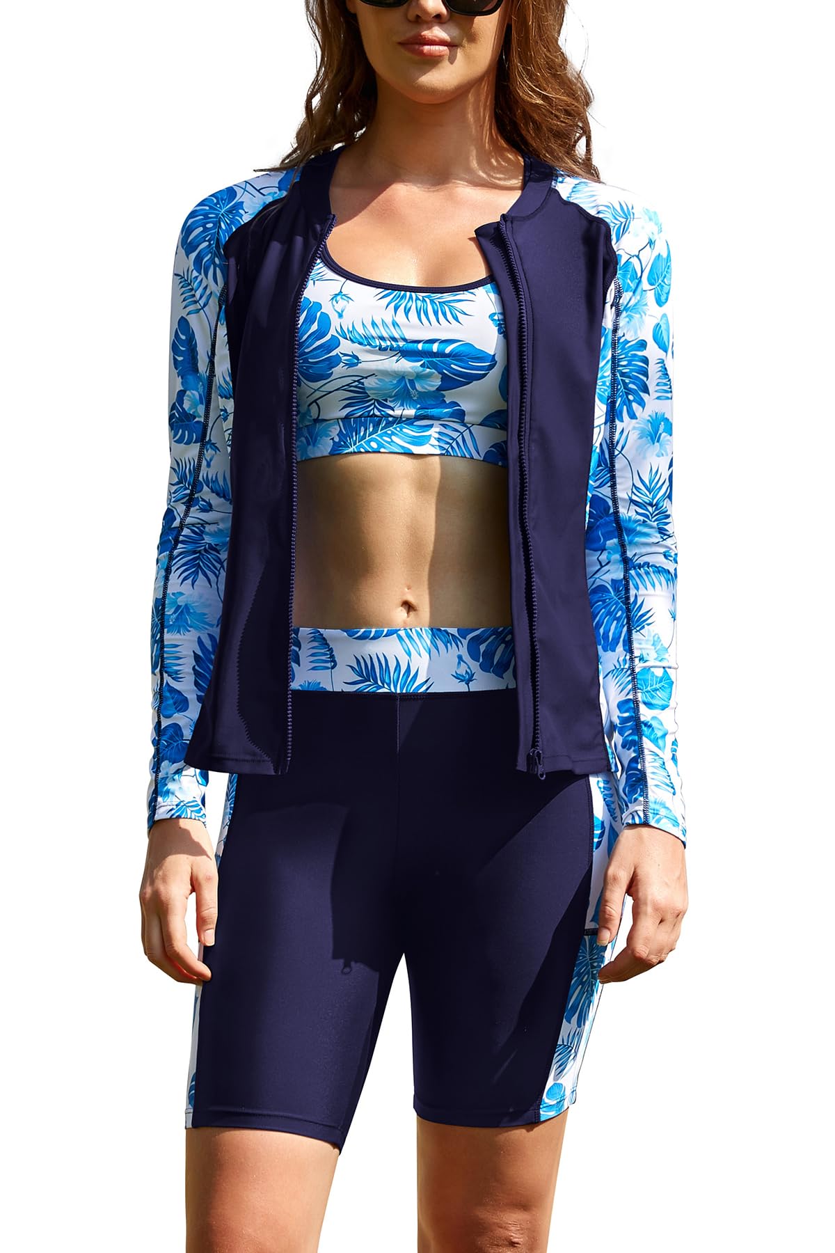 SHEKINI Camiseta de natación de 3 piezas para mujer, de manga larga, con cremallera, brasier deportivo con pantalón corto, traje de baño modesto con pantalones cortos