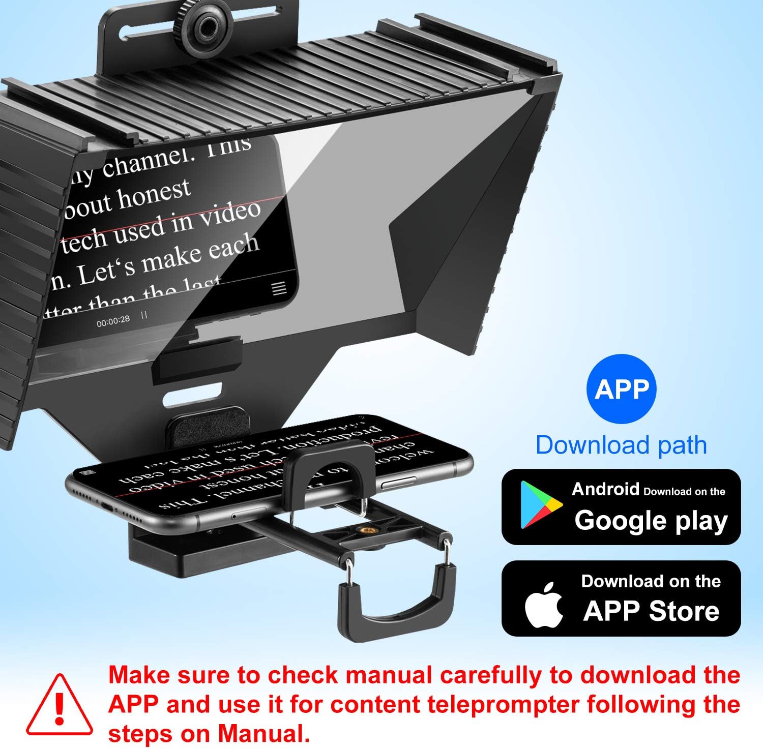 Image showing the teleprompter in use with a smartphone displaying text, alongside icons for Google Play and Apple App Store for downloading the teleprompter application.