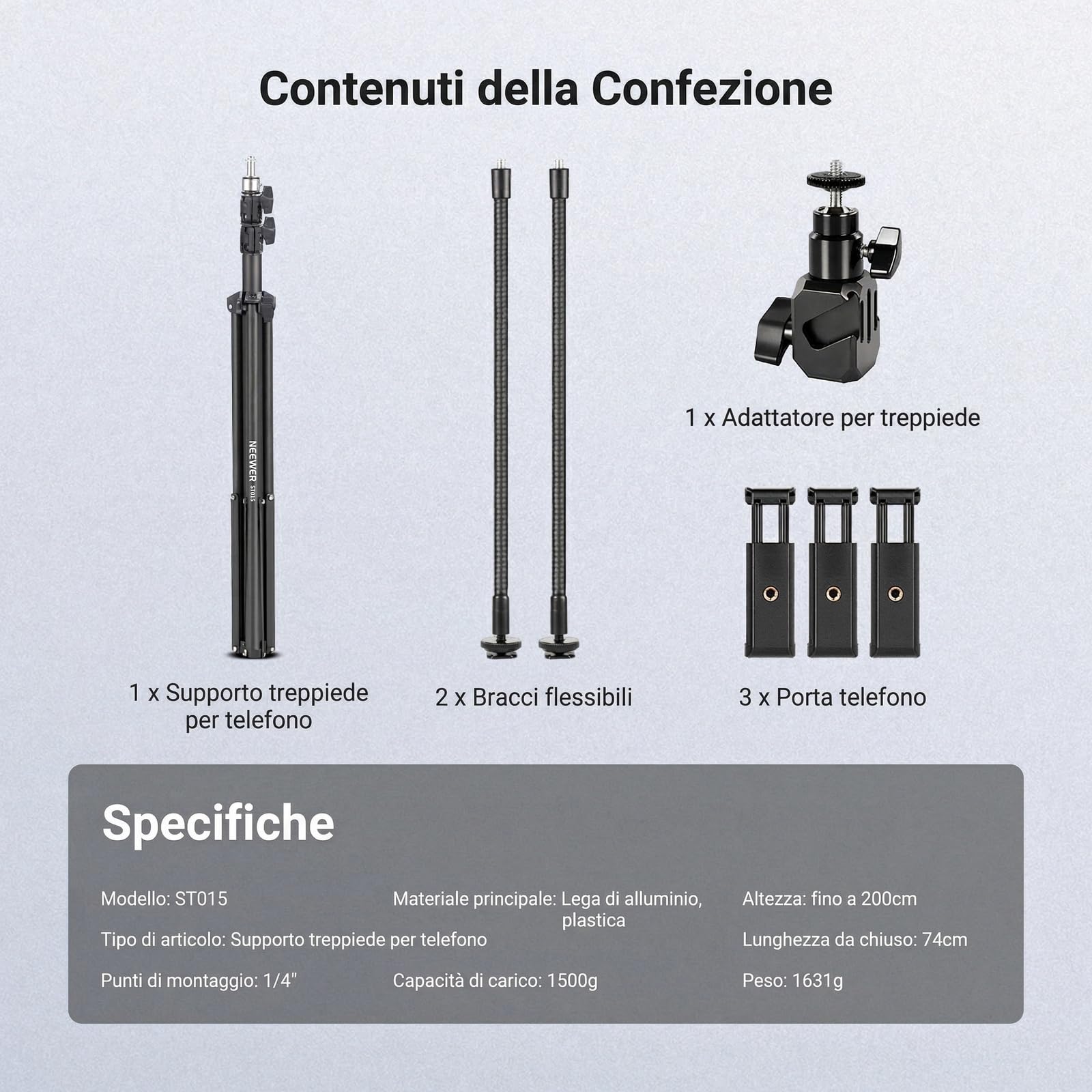 NEEWER BASICS Cavalletto Treppiede Smartphone con Due Bracci Flessibili, Clip Porta Cellulare Regolabile Alluminio per Tavolo Ufficio Comodino Compatibile con iPhone Samsung Android per Video, ST015