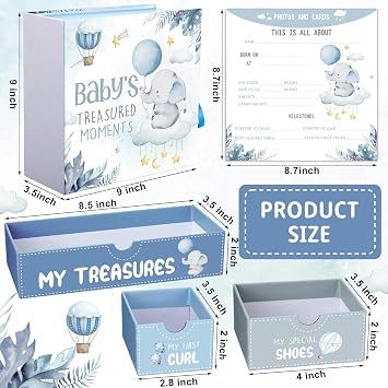 Beeveer Baby Keepsake Box Newborn Memory Organizer with 9 Labeled Compartments First Keepsake Book Gift Box for Pregnancy Mothers Day Baby Shower New Maternity(Blue,Blue Elephant)