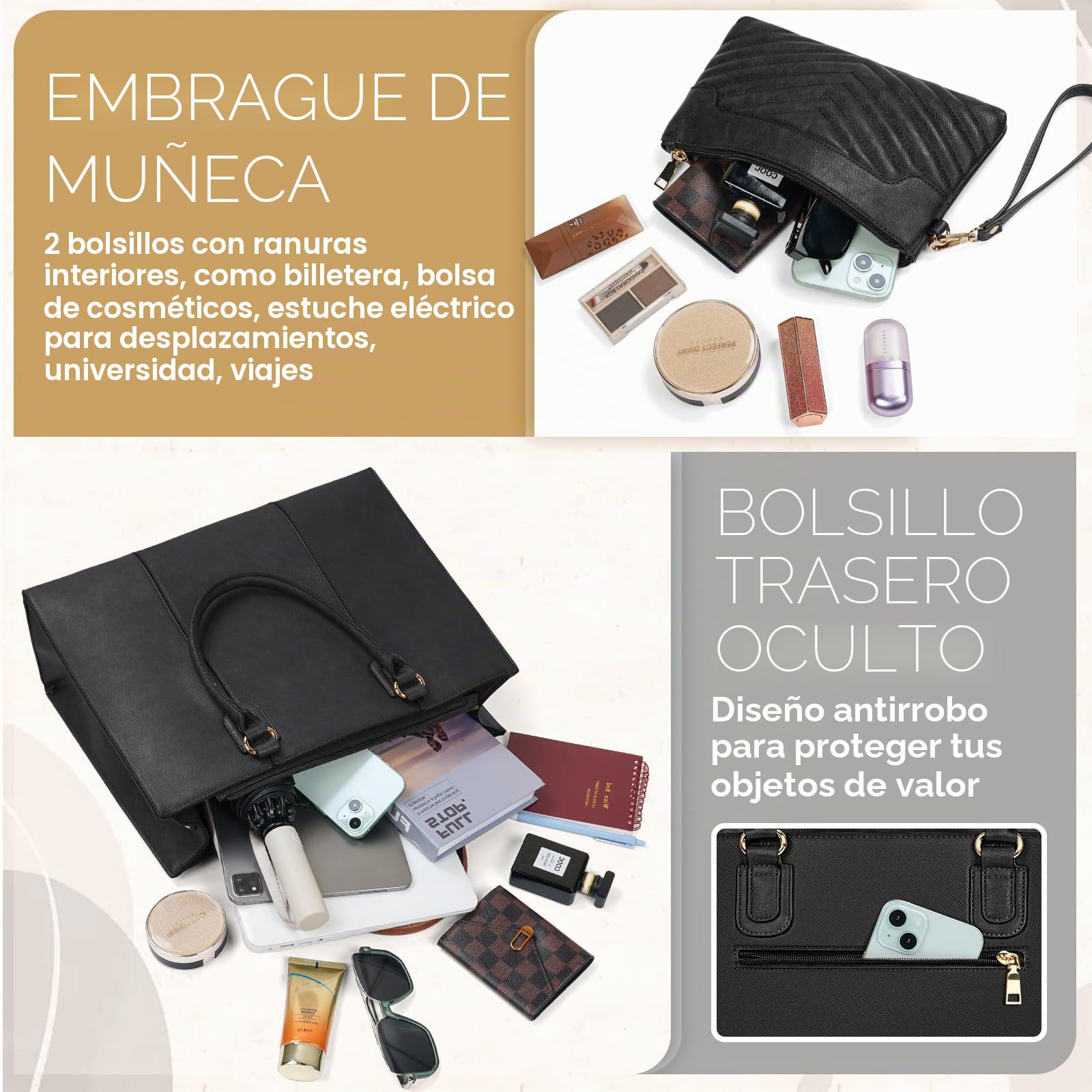 NEWHEY Bolso Universidad Mujer 15.6 Pulgadas Laptop Bolsa Trabajo Tote Grande con Embrague Cuero PU Maletín Bandolera Escuela Messenger Bolsa de Hombro Oficina Viajes Negocios