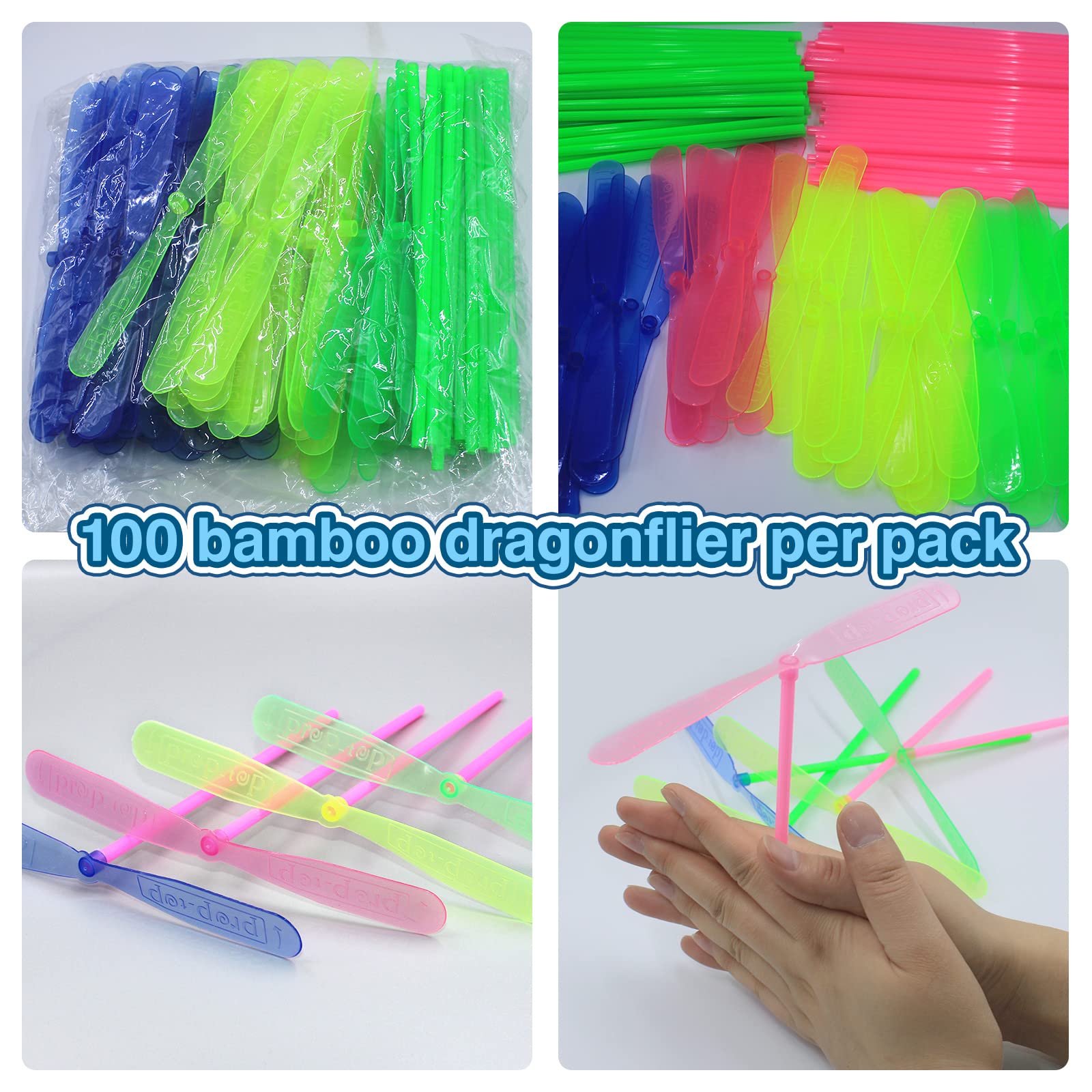 Juego de 200 helicópteros de mano, 100 hélices+100 varillas de bambú libélula helicóptero de juguete, accesorios aerodinámicos, lanzador de discos voladores, juguetes al aire libre, regalos 7