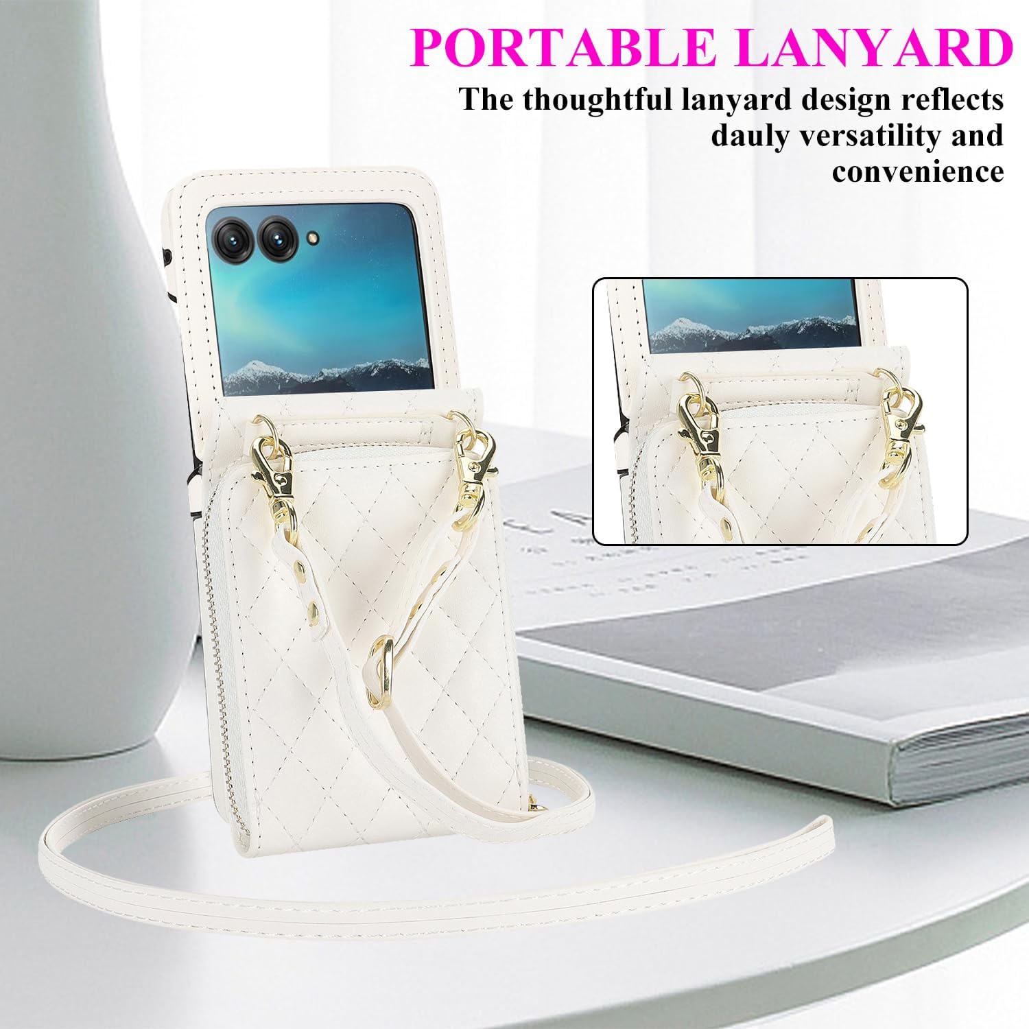 NINKI Compatible for Motorola Razr 2024 Plus Case with Card Holder,Leather Case for Moto Razr 2024 Plus Finger Loop Strap Anti-Fall Shockproof Leather Wallet Phone Cover for Moto Razr 50 Ultra White