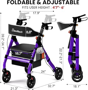 BlessReach Foldable Heavy-Duty Rollator Walker with Seat for Seniors,Purple
