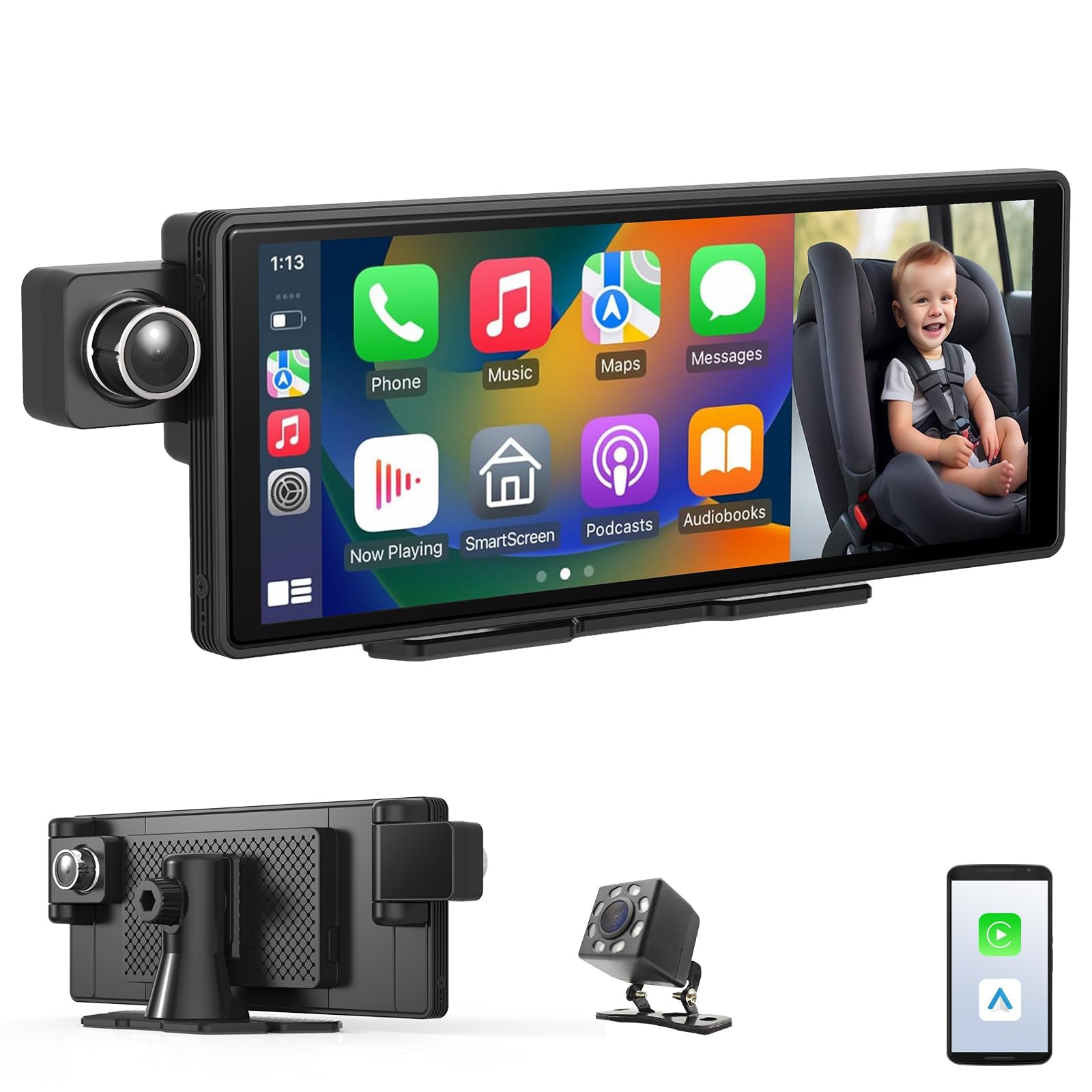 Sunweyer 10,3-calowy samochodowy rejestrator wideo, przenośny samochodowy stereo, do monitorowania dziecka, kamery na tylnym siedzeniu, przenośny bezprzewodowy ekran CarPlay, Android Auto, nawigacja