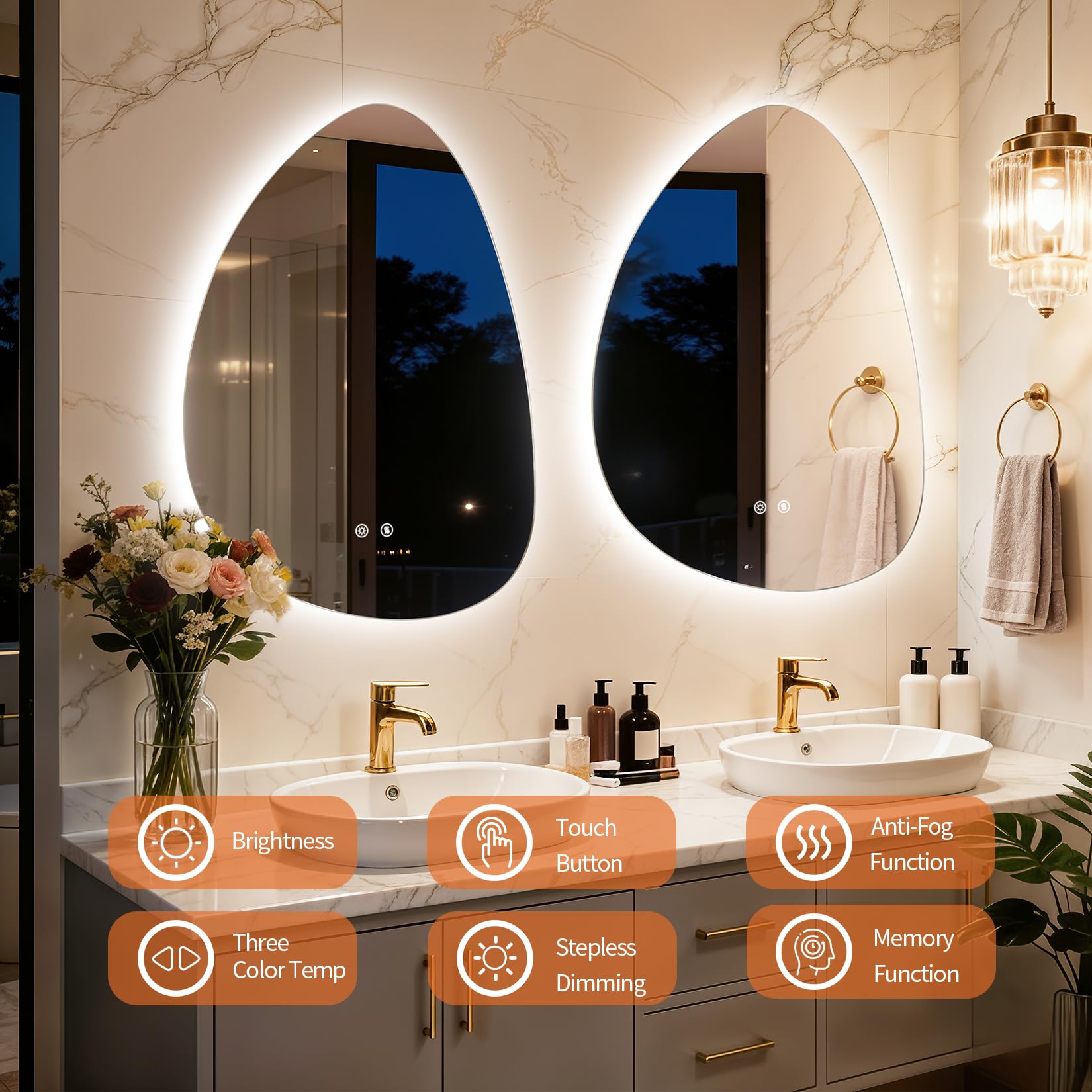 LUVODI Specchio Bagno con Luce Asimmetrico Retroilluminato: Specchio Bagno Irregolare LED a forma di goccia 77x55cm Con Antiappannamento, Touch Dimmerabile Tripla Tonalità 3000K-6000K, Memoria