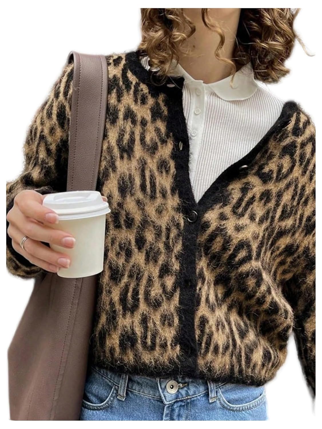 WDIRARA Womens Leopard Cardigan Sweaters Button Down Long Sleeve Fuzzy Knit Outerwear