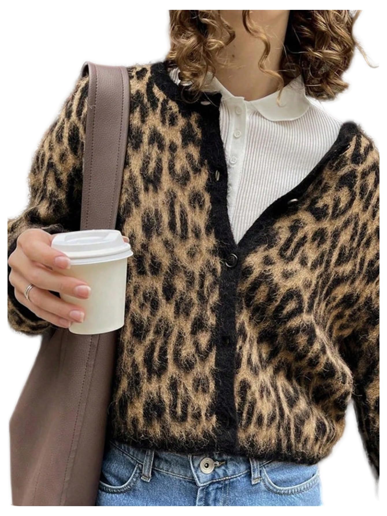 WDIRARA Womens Leopard Cardigan Sweaters Button Down Long Sleeve Fuzzy Knit Outerwear
