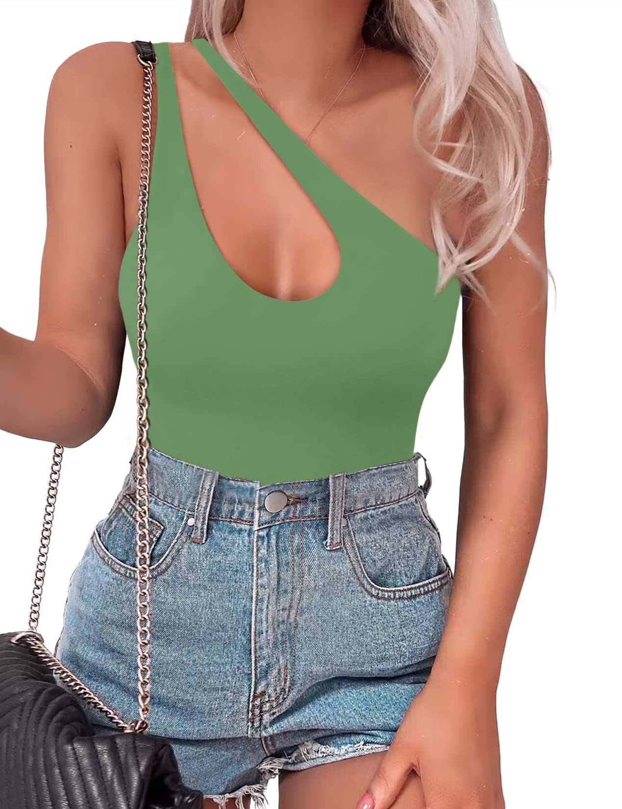 SAUNGKUAI Women's Sexy One Shoulder Sleeveless Cutout Thong Bodysuit Tank Top Body Suits Backless Asymmetrical Going Out Tops