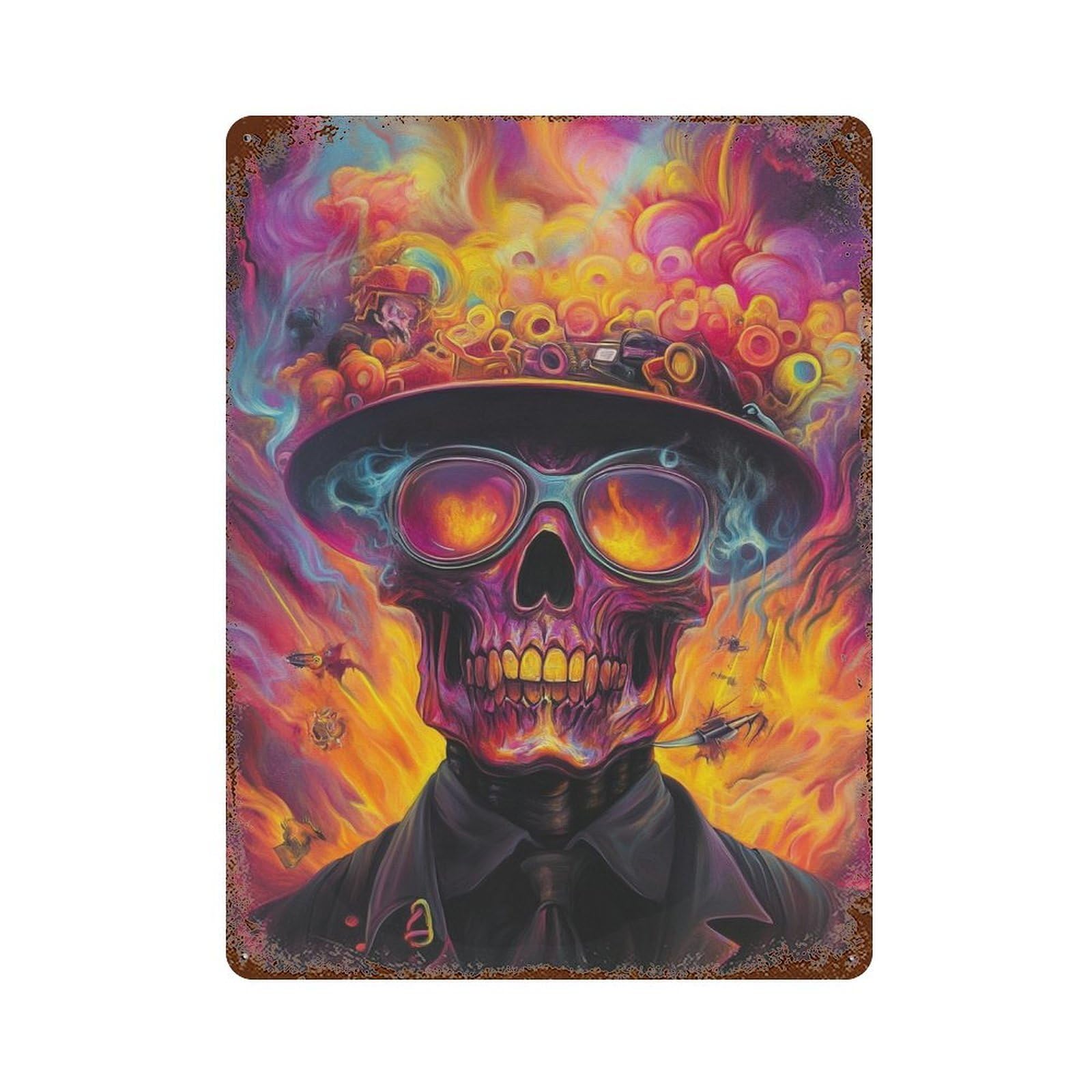 Distressed Metal Wall Sign with Steampunk Skull Art Print Design 15.7"x11.8", for Cafe, Home Bar And Lounge Decor, Retro Wall Decor