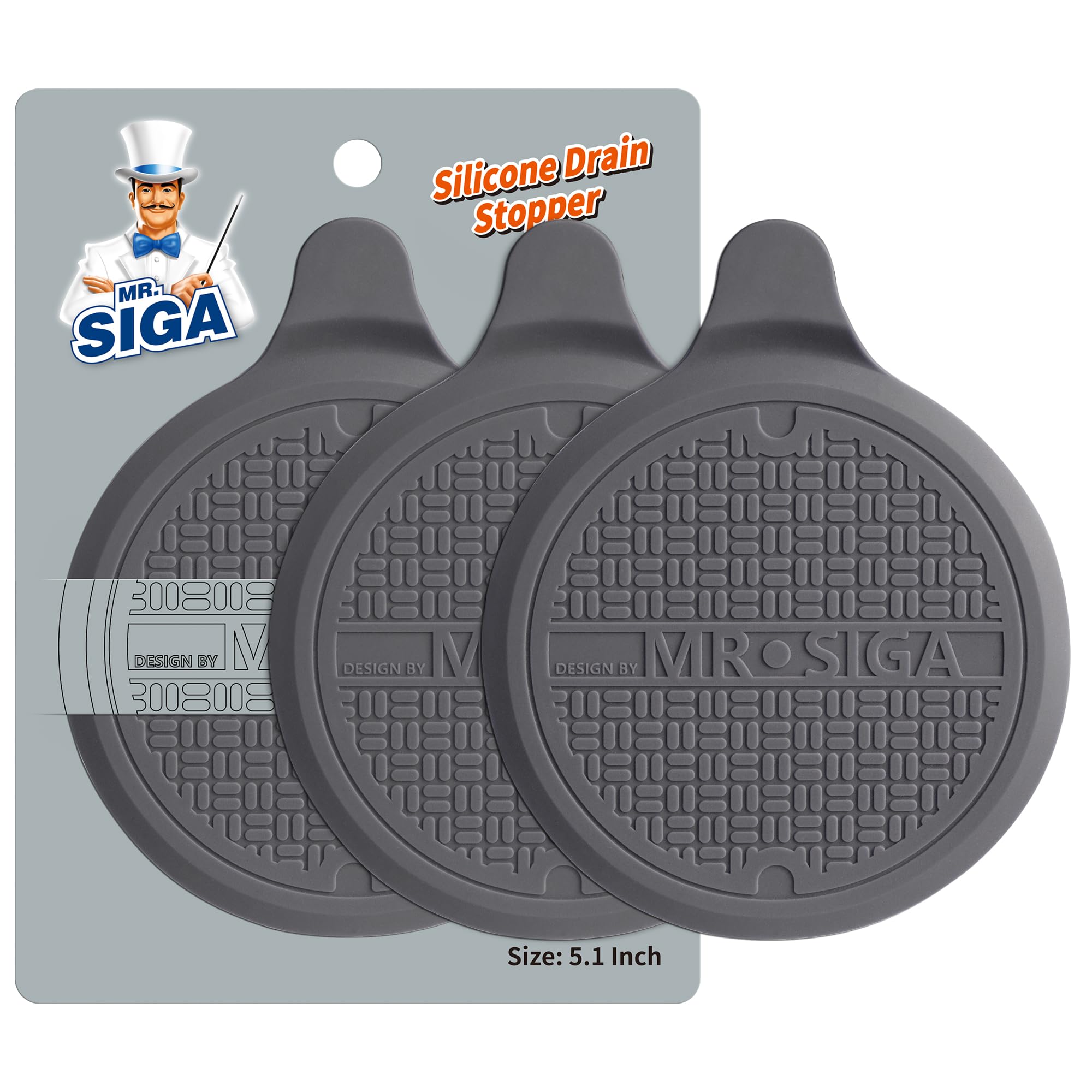 Mr.siga Grey Silicone Bathtub Stopper, Drain Stopper For Shower, Sink, 5.1" Diameter, 3 Pack