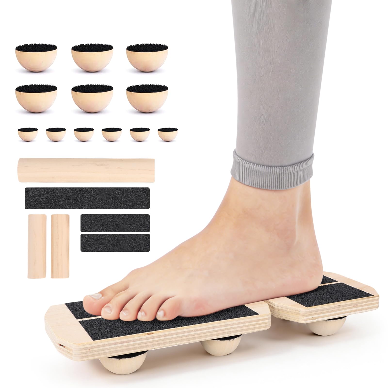 TOMSHOO Balance Board, Planche d’Équilibre à Une Jambe, Bois Entraîneur de Cheville avec Rouleau en Liège et Demi-Sphère en Liège, pour Renforcer les Chevilles, Améliorer l’Équilibre et la Stabilité