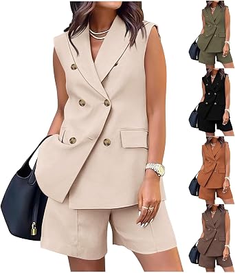 Womens Sleeveless Suit Jacket Vest Shorts Suit Lapel V-Neck Button Office 2 Piece Sets Business Casual Outfits Suits