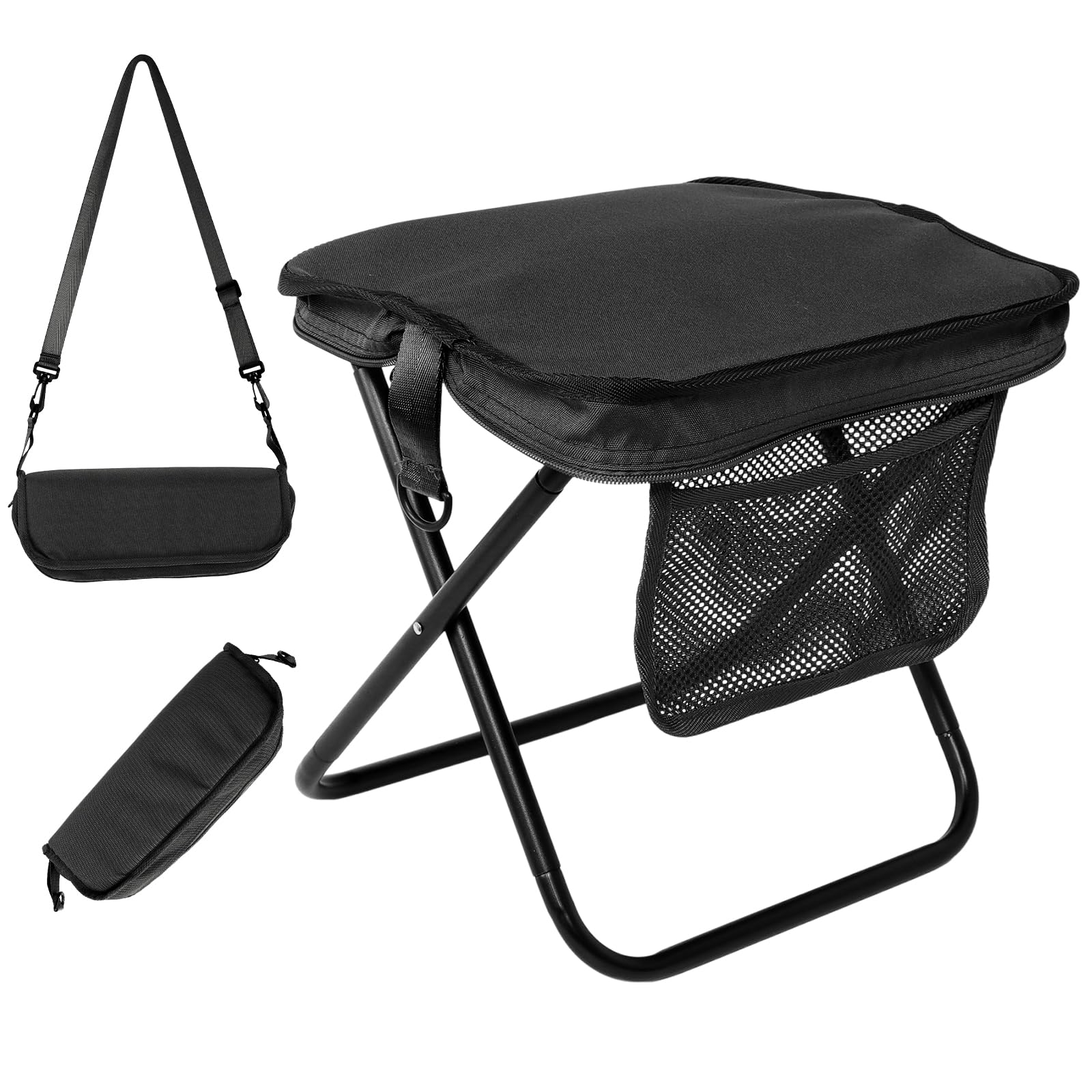 Hodeacc Portable Folding Stool with Side Pocket, Lightweight Foldable Camping Stool, Backpacking Travel Pocket Foldable Stool for Camping Travel Fishing Hiking and Outdoor Activities(Black,Large)