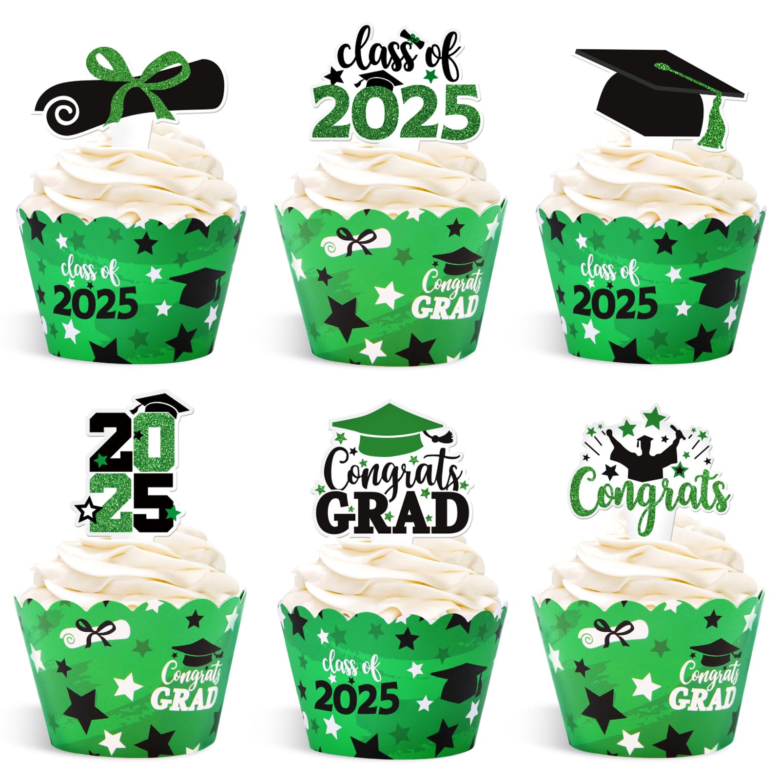 24 Stück Cupcake-Aufsätze 'You Did It' Für Abschluss 2025 – Grünes Design Mit Diplom & Mütze, Für Graduation Party