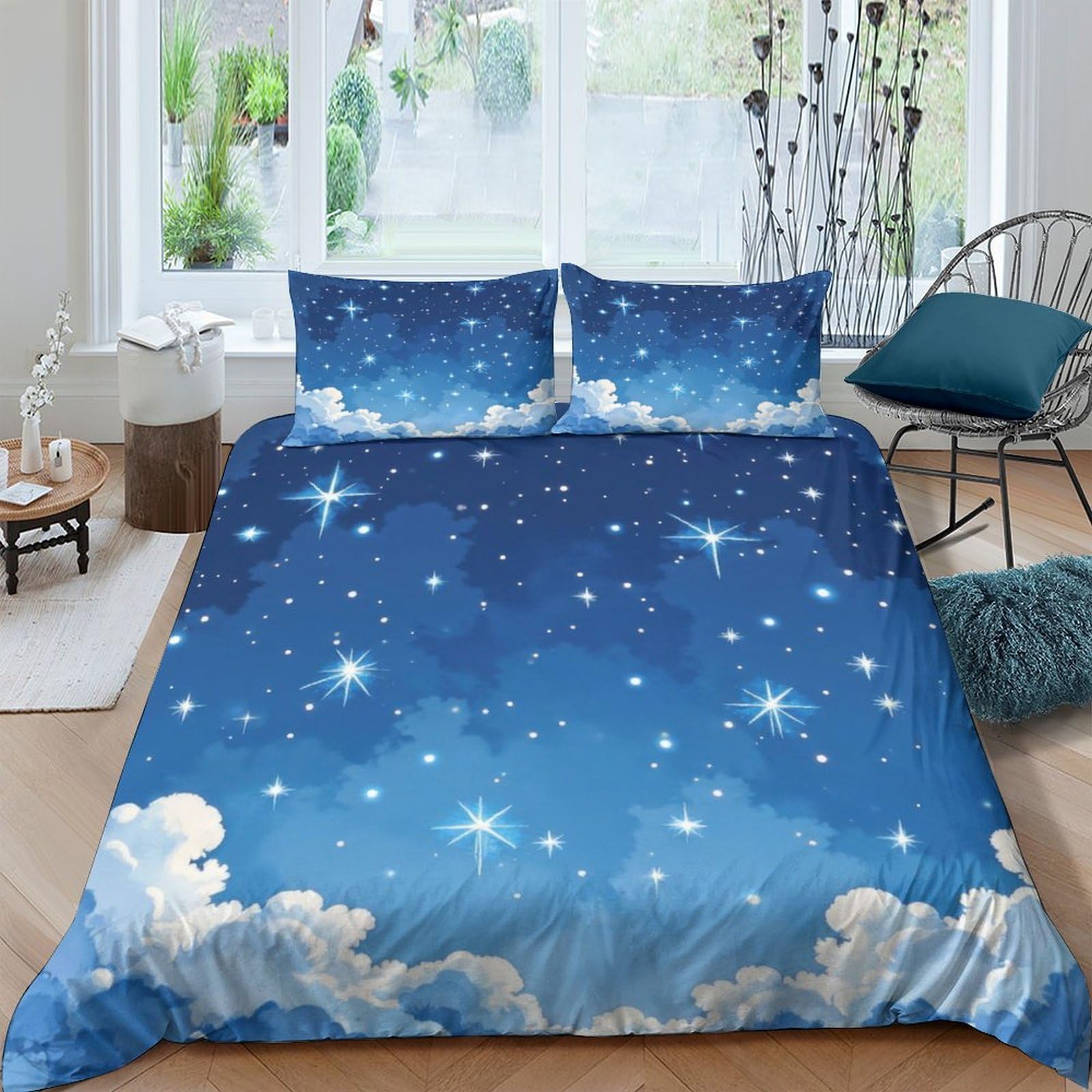 Ctjqhvkz Style-9 3D Printed Starry Sky Fitted Sheet Microfiber Soft Blue Night Cloud Mattress Cover For Bedroom Guest Room Decor Single（135X200cm）