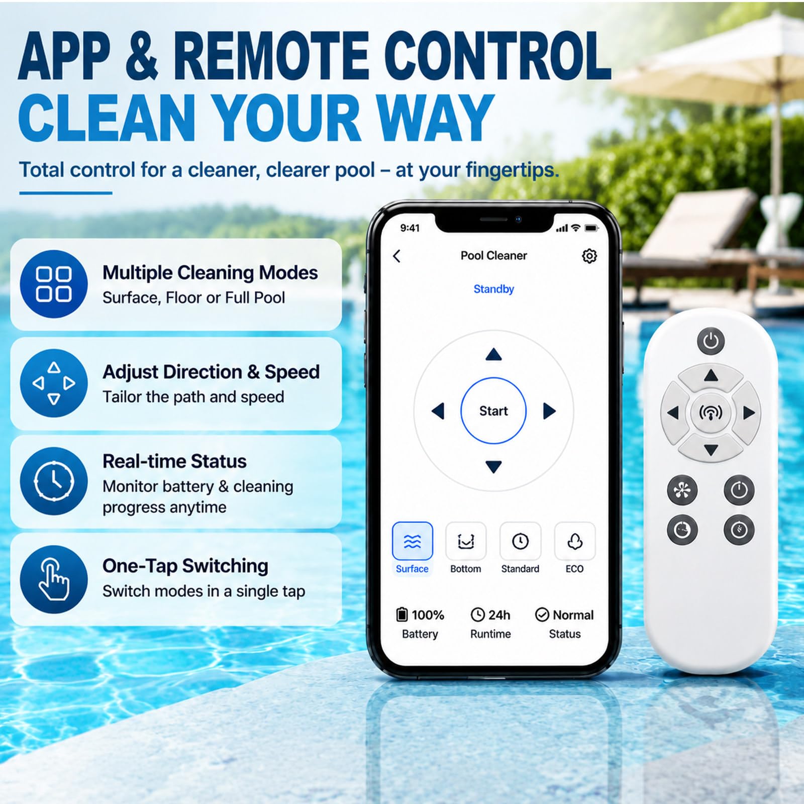 Skimmer para Piscina Alimentado por Energía Solar | Acoplamiento Automático En Bordes, Modos De Carga Dual, Filtración De 450 Μm; Para Piscinas Elevadas