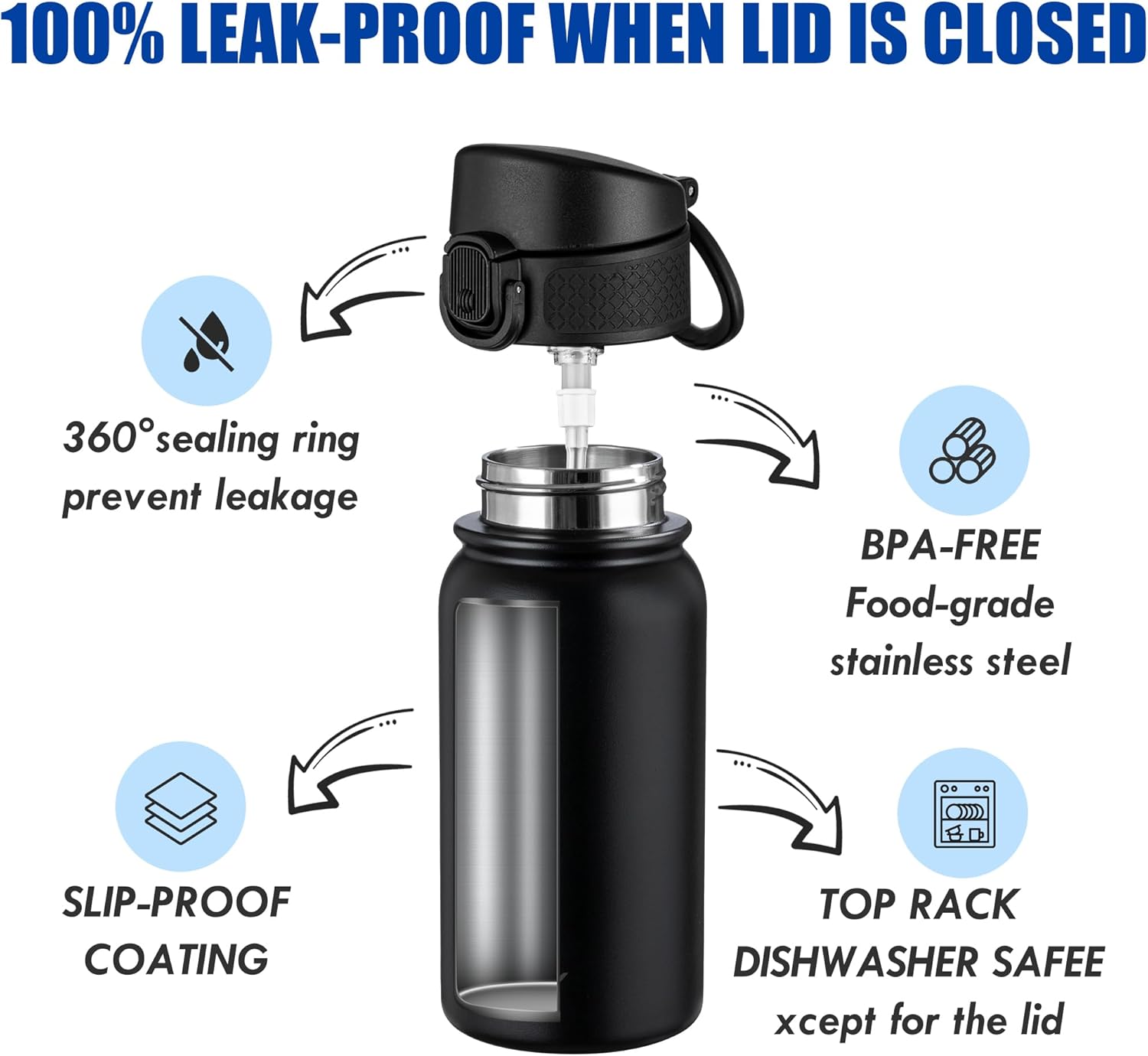 OLDLEY 12oz Kids Water Bottle, Stainless Steel Insulated Water Bottle For Kids, With Straws Leak-proof, Kids Water Bottles For School Boys Girls, Black - Image 3